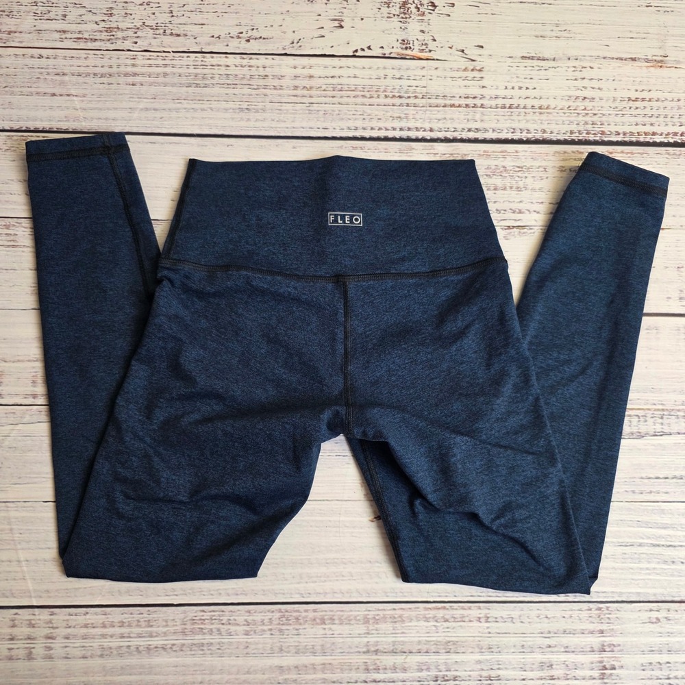 FLEO Womens Heathered Navy Blue High Waisted Athletic Leggings Size Small 26x24
